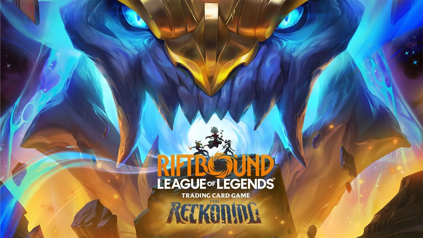 Riftbound The Reckoning key art Riftbound The Reckoning key art with a massive ancient champion looming over small figures