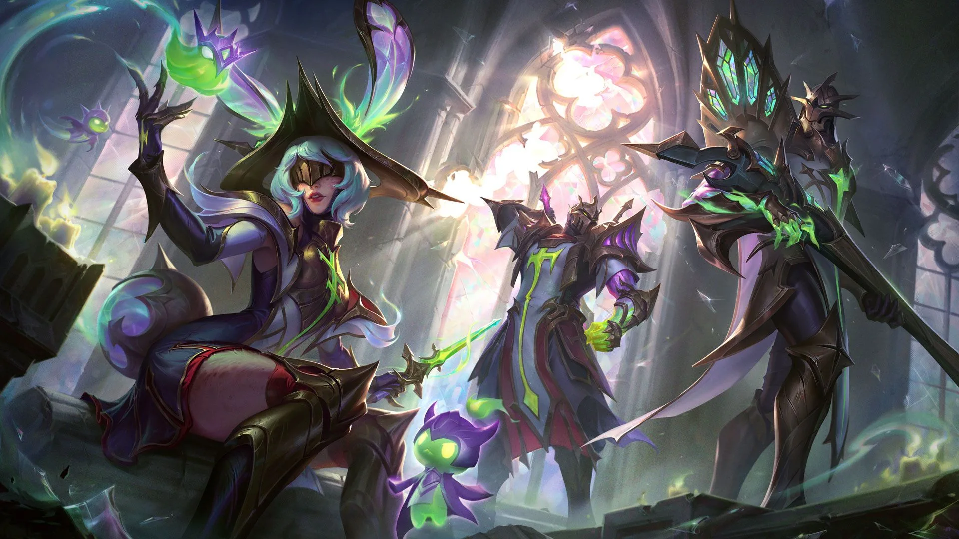 Broken Covenant Jhin, Broken Covenant Aurora, and Broken Covenant Shen splash art from League of Legends patch 26.13