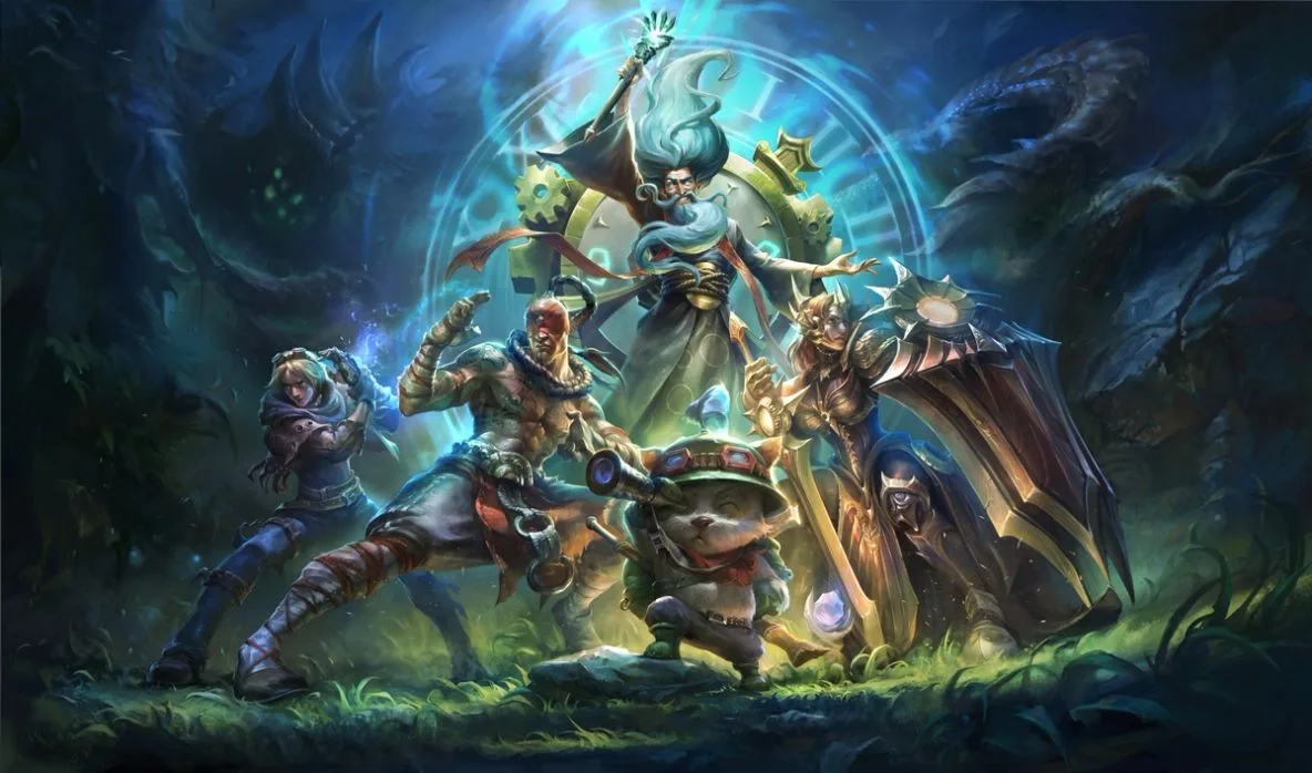 League of Legends Classic official promotional artwork Official League of Legends Classic promotional artwork featuring a group of champions gathered beneath magical blue light