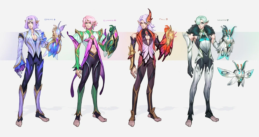 Faerie Court Ezreal concept art Faerie Court Ezreal character concept exploring wings, armor, hair, and magical gauntlet designs