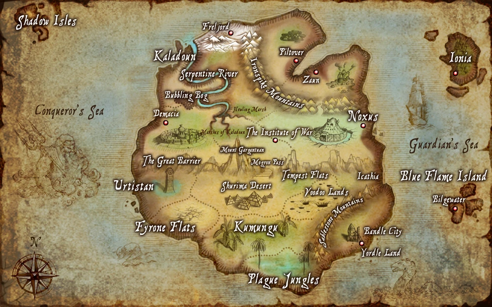 Old Runeterra map Older map of Runeterra from League of Legends showing earlier region layout