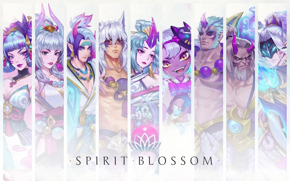 Spirit Blossom group artwork Spirit Blossom group artwork with multiple champions surrounded by glowing petals and spirit effects