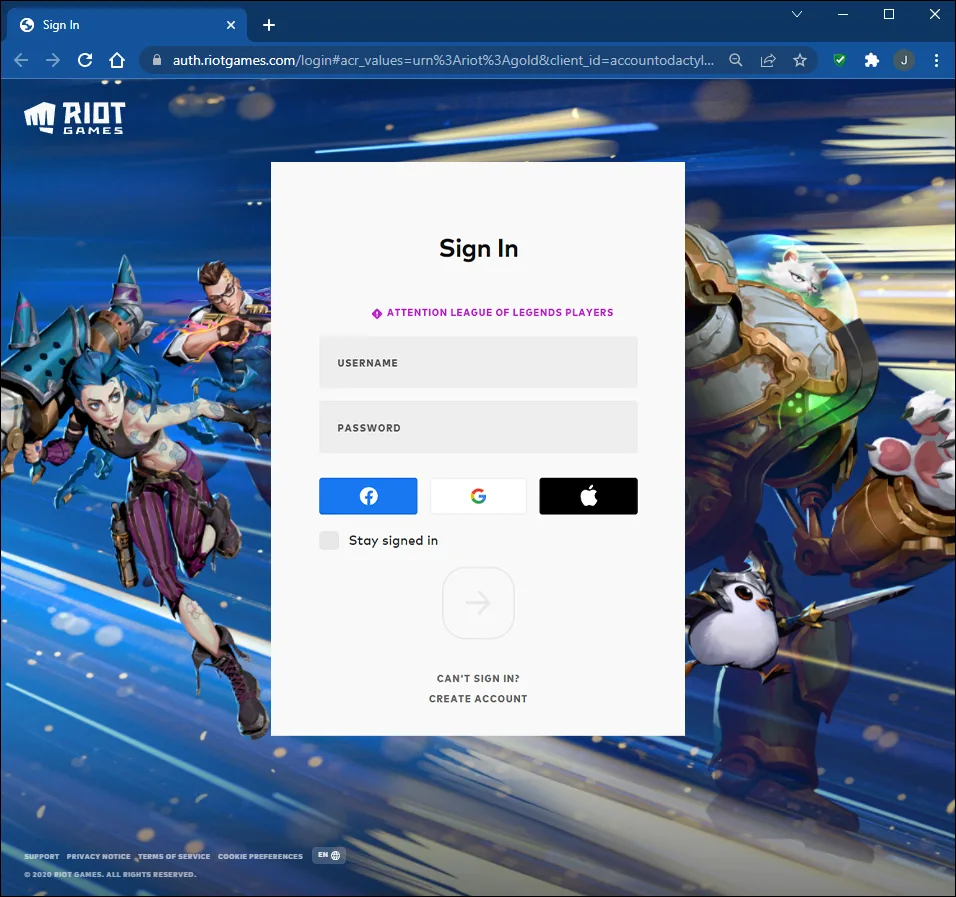 Riot account sign-in Riot Games sign-in screen with username and password fields for accessing a specific Riot account