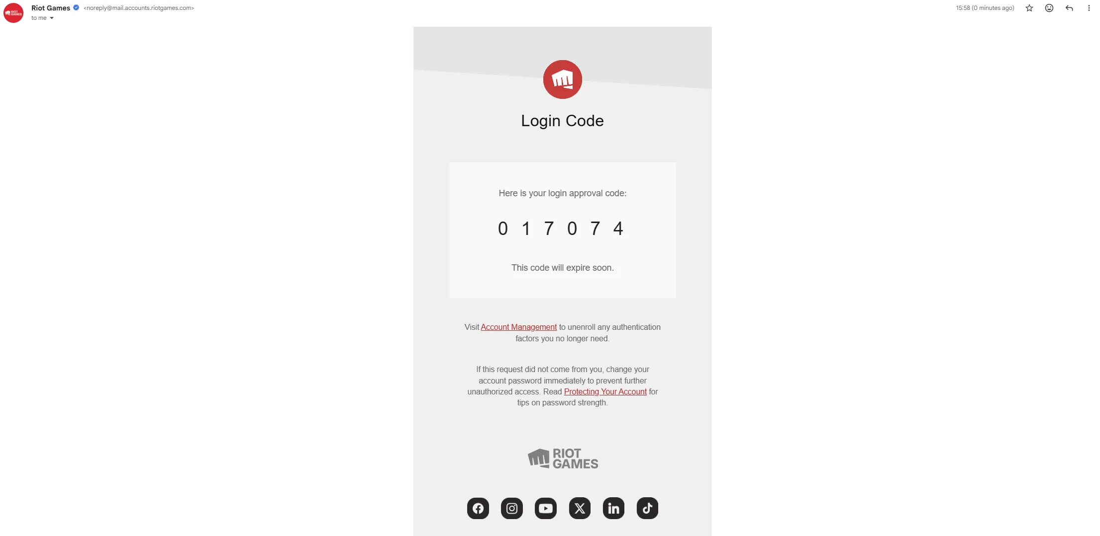 Riot account security Riot Games login approval message showing a temporary authentication code and account security guidance