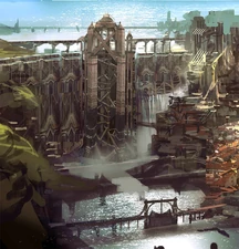 The Sun Gates of Piltover towering above water and trade districts