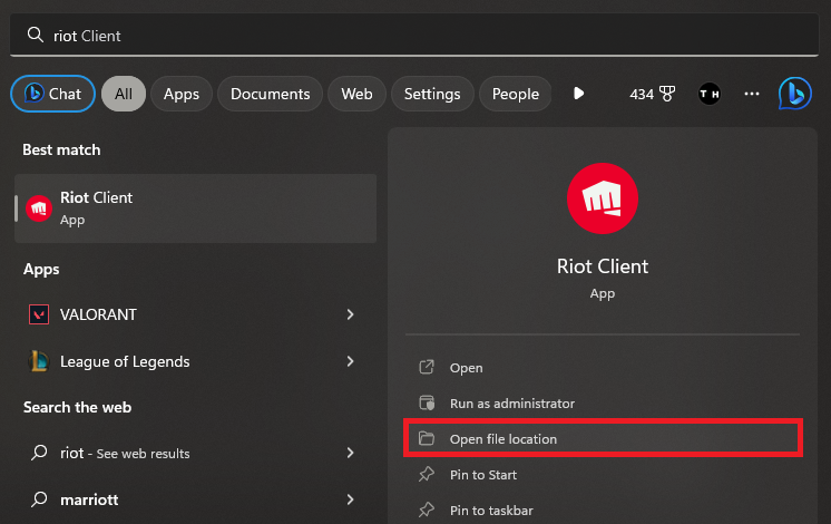 Riot Client open file location Windows search result for Riot Client with the Open file location option highlighted.