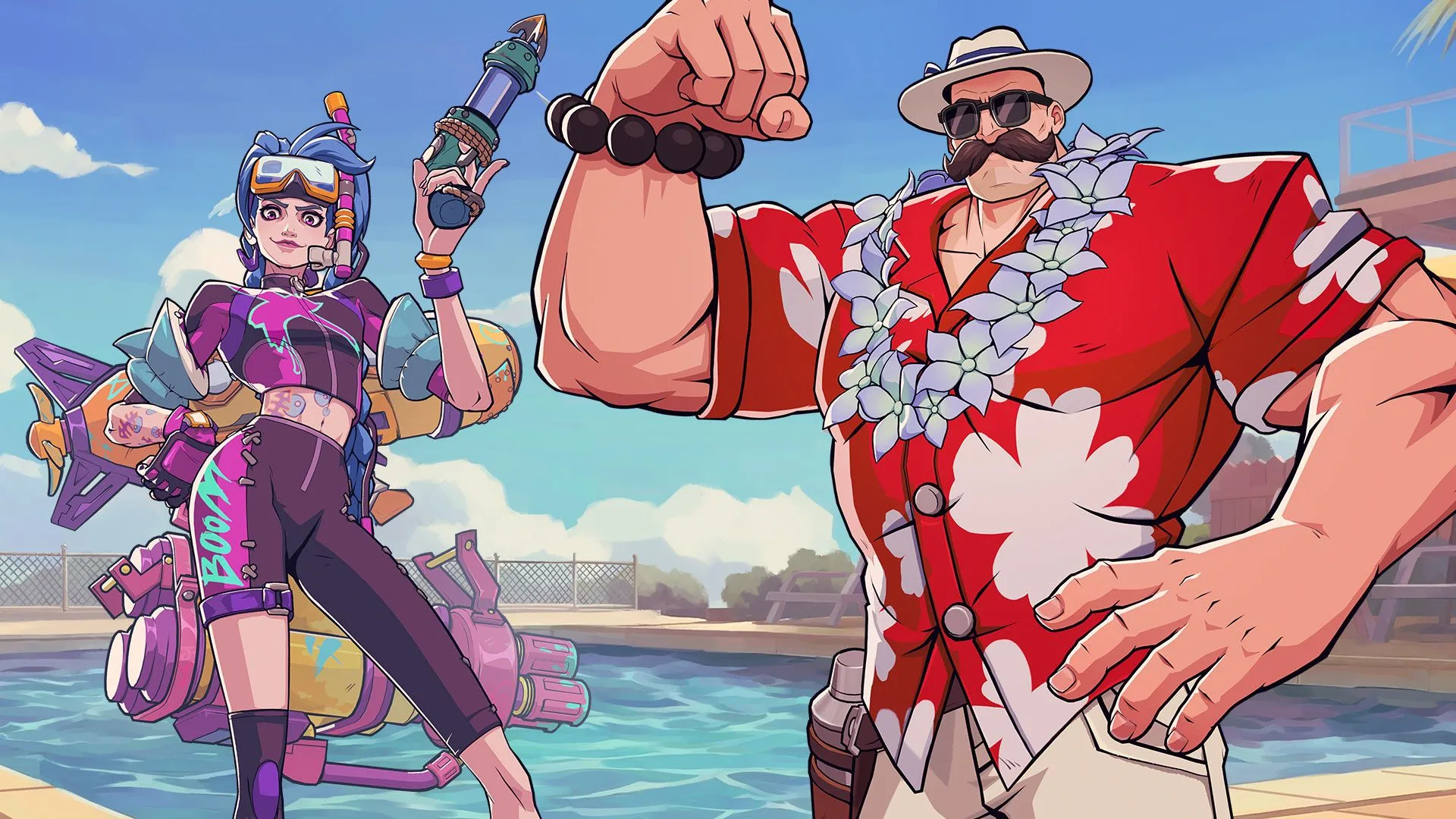Pool Party Jinx and Braum 2XKO Evo 2026 rewards Pool Party Jinx and Pool Party Braum artwork for 2XKO Evo 2026 rewards