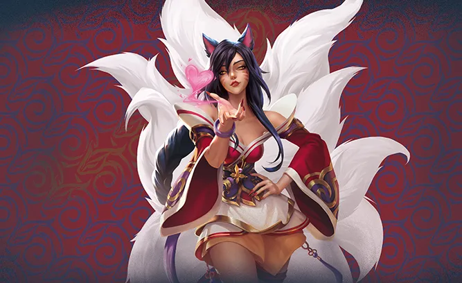Ahri artwork with white tails and a pink heart charm Ahri artwork with white tails and a pink heart charm