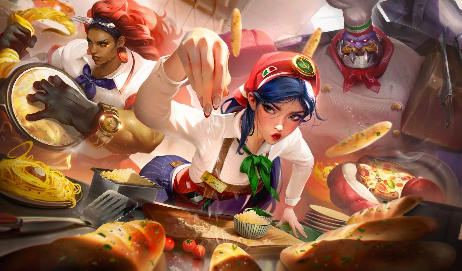Pizza Chef Sion, Pasta Maker Illaoi, and Breadsticks Irelia splash art from League of Legends patch 26.11