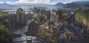 Piltover cityscape showing the Sun Gates, cliffs, canals, and trade routes
