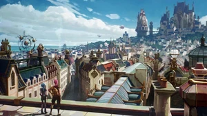 Piltover upper city skyline in Arcane with bright buildings and elevated streets