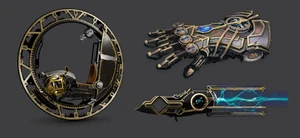 Piltover hextech devices including ornate mechanical tools and glowing blue energy