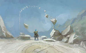Yordle standing before an otherworldly Bandle City gateway in a pale rocky landscape