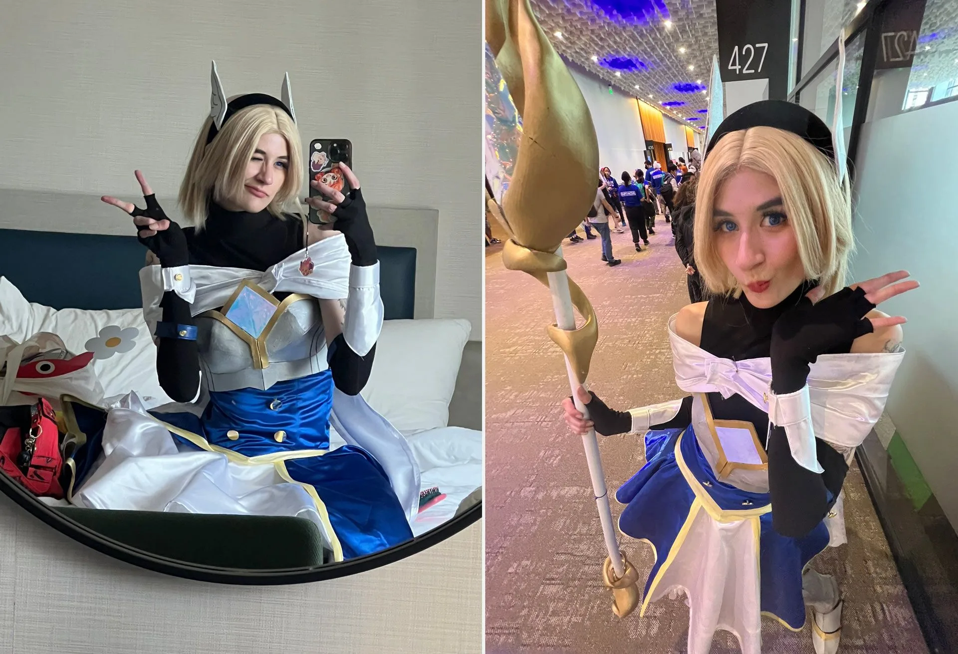 2XKO Lux cosplay by LittleLightBee Cosplayer recreating Lux's white blue and gold 2XKO travelling adventurer costume and staff