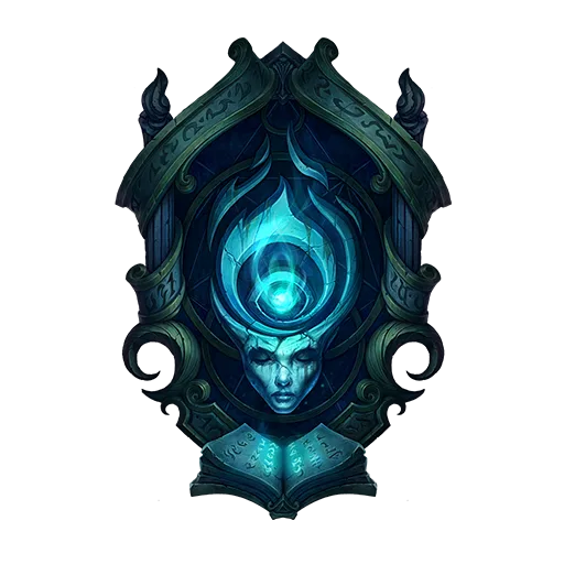 Shadow Isles crest Shadow Isles crest from League of Legends showing a spectral face framed by dark ornate shapes and blue-green flame