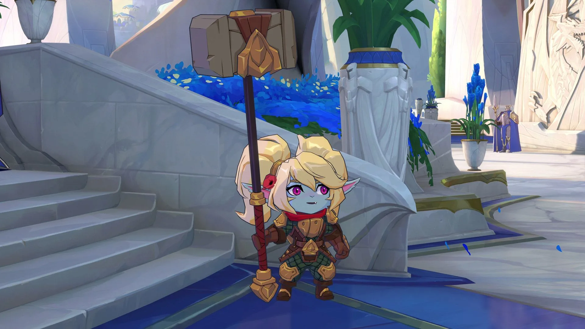 Poppy in the Grand Hall of Veneration Poppy appearing with her hammer in 2XKO's Grand Hall of Veneration stage