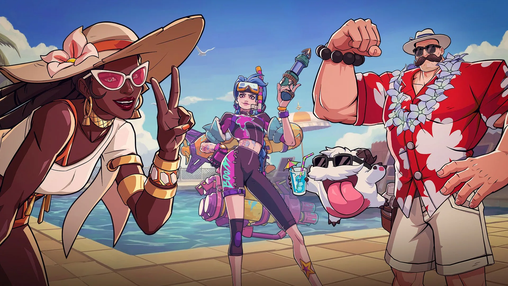 Pool Party Legendary Megabundle Pool Party Legendary Megabundle art featuring Pool Party Braum, Pool Party Jinx, and Pool Party Senna in 2XKO.