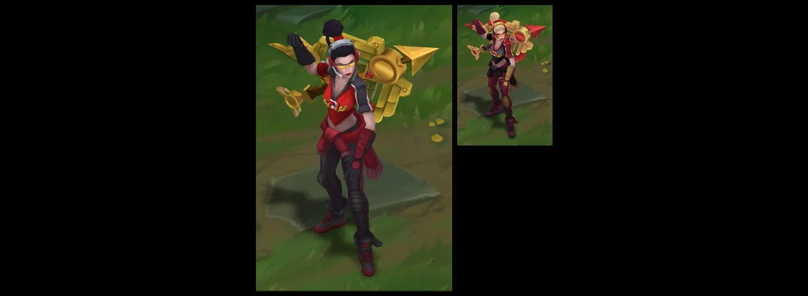 SKT T1 Vayne Elite chroma SKT T1 Vayne Elite chroma preview featuring Vayne in a red outfit with a gold mechanical crossbow