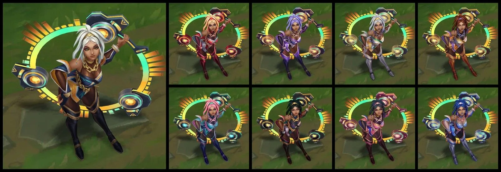 True Damage Qiyana chromas Eight Qiyana chromas with colorful outfits, hair and ring-blade variants