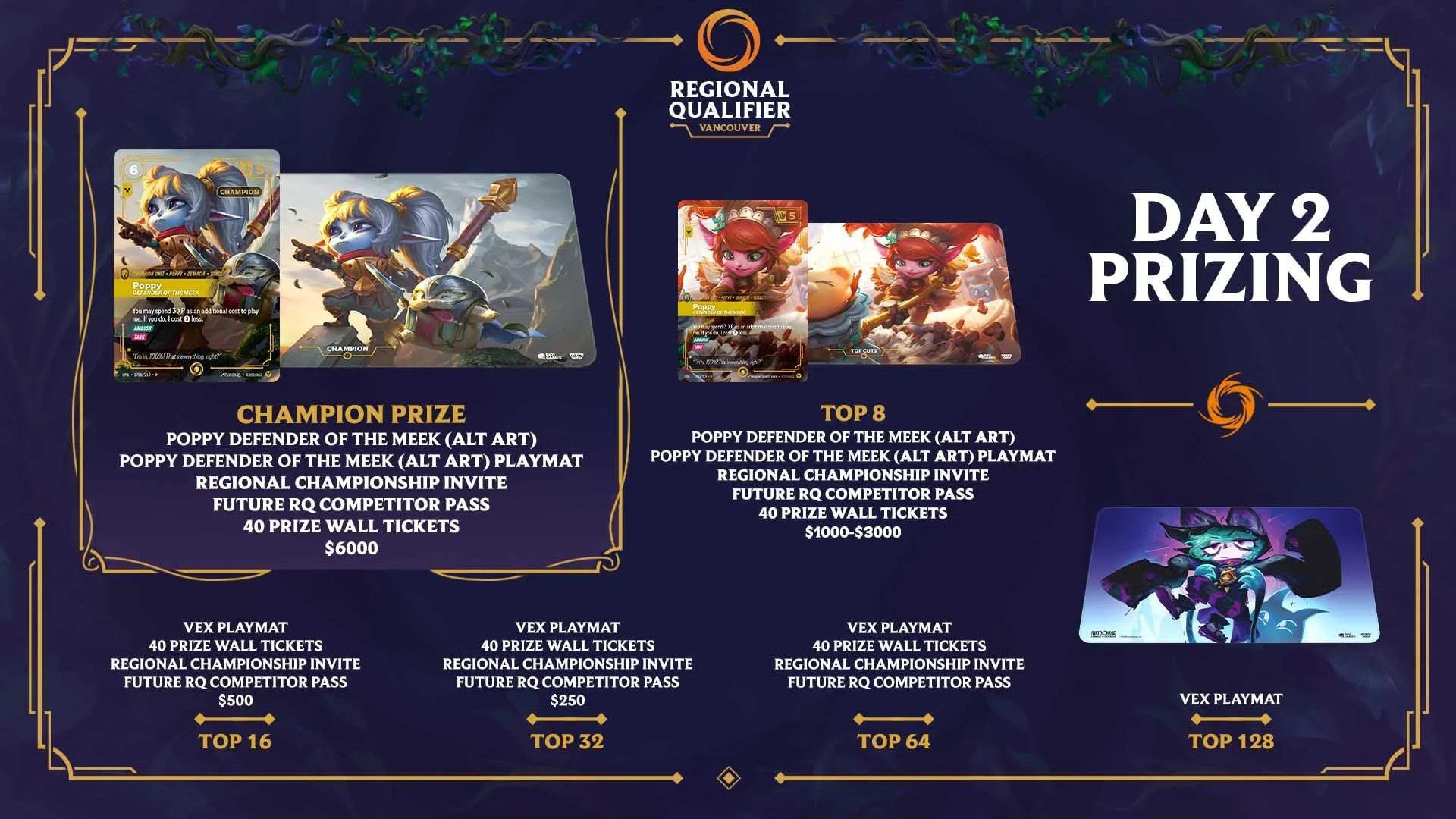 Season 3 Regional Qualifier prizing graphic Season 3 Regional Qualifier prize graphic showing champion and Top 8 rewards with playmats, promo cards and cash prizes
