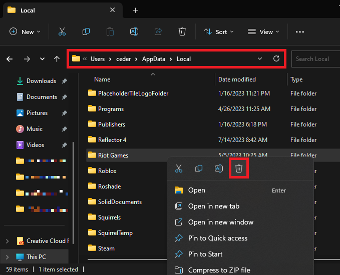 Delete Riot Games AppData folder Windows File Explorer showing the AppData Local folder with the Riot Games folder selected for deletion.