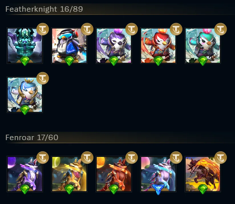 TFT Unreal Engine cosmetic availability example from Riot Games Riot Games example of the Teamfight Tactics cosmetic collection screen showing Featherknight and Fenroar Little Legends with temporary availability indicators