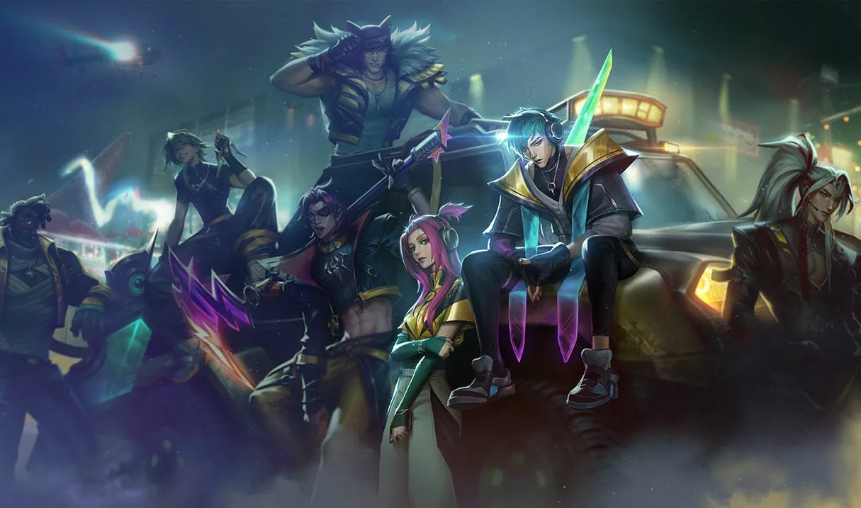HEARTSTEEL Aphelios HEARTSTEEL Aphelios splash art showing Aphelios with his bandmates and Alune