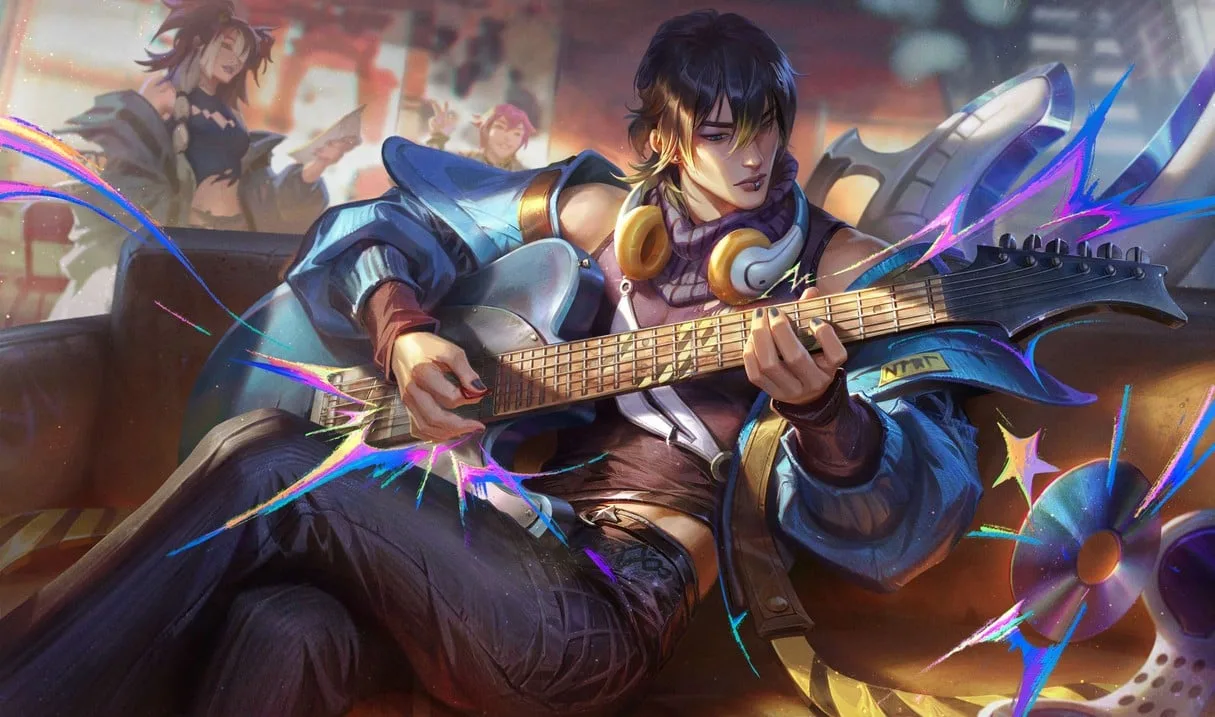 HEARTSTEEL Live My Life Aphelios HEARTSTEEL Live My Life Aphelios splash art showing Aphelios playing guitar in a record shop