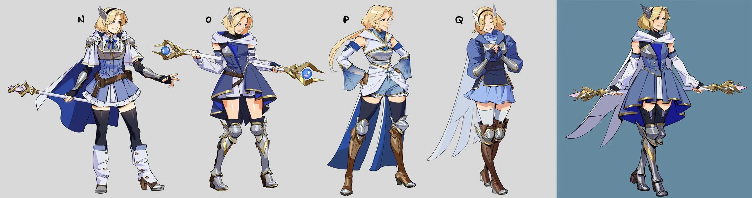 2XKO Lux costume development concepts by Knight arucelli Zhang Early costume concepts from the 2XKO Lux development process showing several blue white and gold travelling adventurer designs