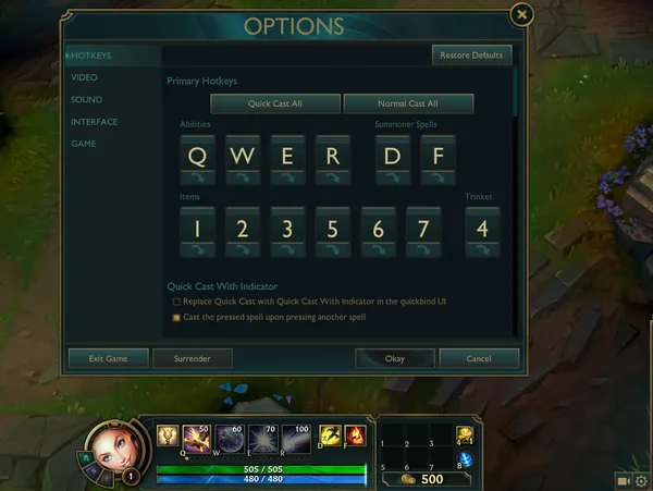 League of Legends in-game settings League of Legends in-game settings menu overview