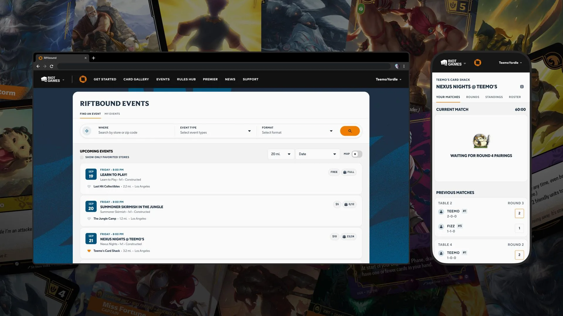 PlayRiftbound event and tournament platform Official PlayRiftbound.com platform preview showing event search on desktop and tournament match pairings on mobile.