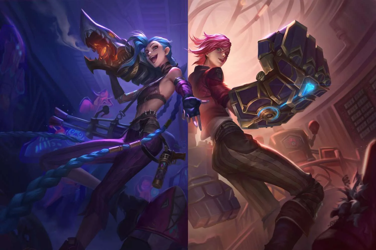 Jinx and Vi stand back to back in neon key art Jinx and Vi stand back to back in neon key art