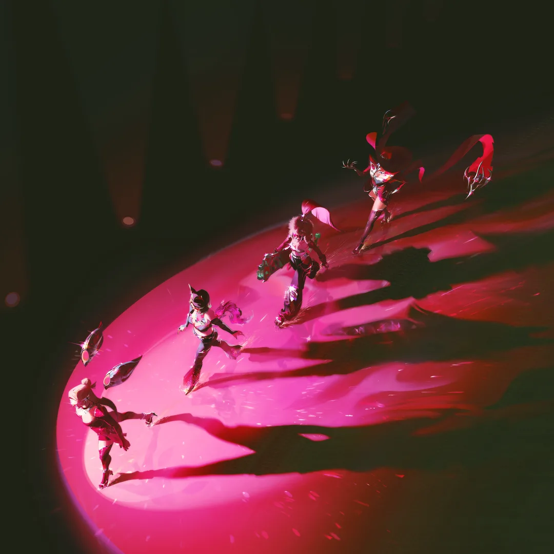 K/DA FIRESTARTER EP cover artwork Official K/DA FIRESTARTER EP cover featuring Ahri, Akali, Evelynn and Kai'Sa running across a vivid pink illuminated stage