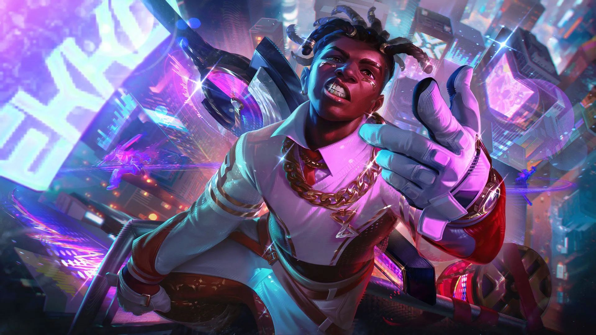 Prestige True Damage Know My Name Ekko Prestige Ekko in white and red streetwear with gold accessories, reaching toward the viewer against a bright futuristic city backdrop.