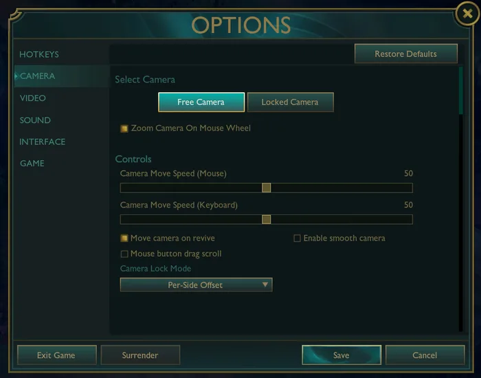 League of Legends camera settings League of Legends camera settings menu showing camera controls