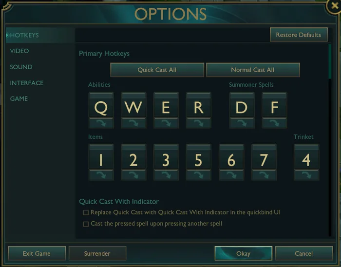 League of Legends hotkey settings League of Legends hotkey settings menu with ability and keybind options