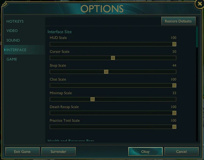 League of Legends interface settings League of Legends interface settings menu with HUD and minimap options