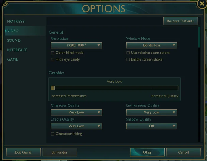 League of Legends video settings League of Legends video settings menu showing graphics options