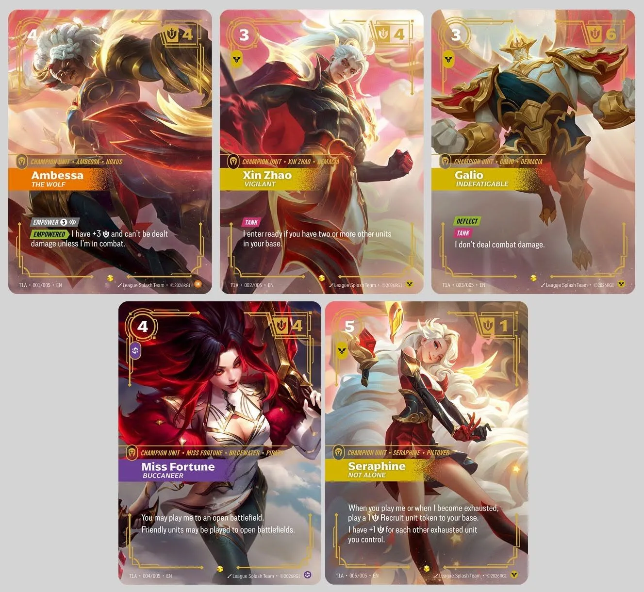 Riftbound x T1 champion cards Riftbound x T1 cards showing Ambessa, Xin Zhao, Galio, Miss Fortune and Seraphine