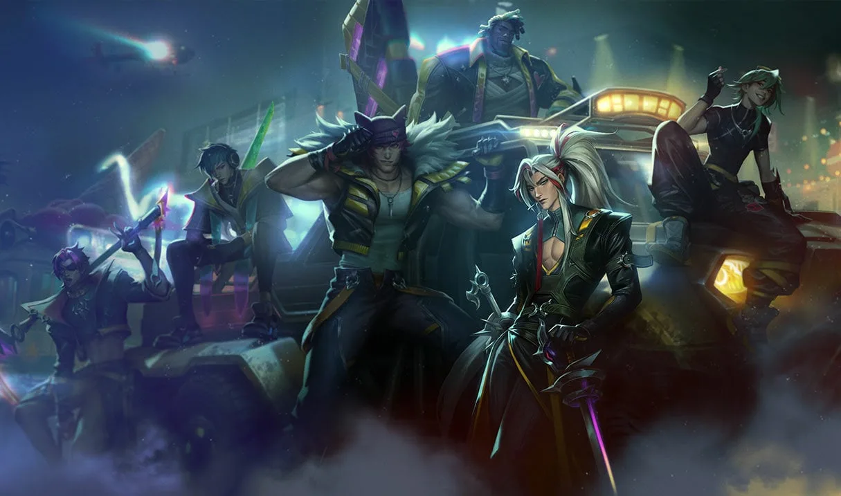 HEARTSTEEL Yone HEARTSTEEL Yone splash art showing Yone as the band's producer with twin swords