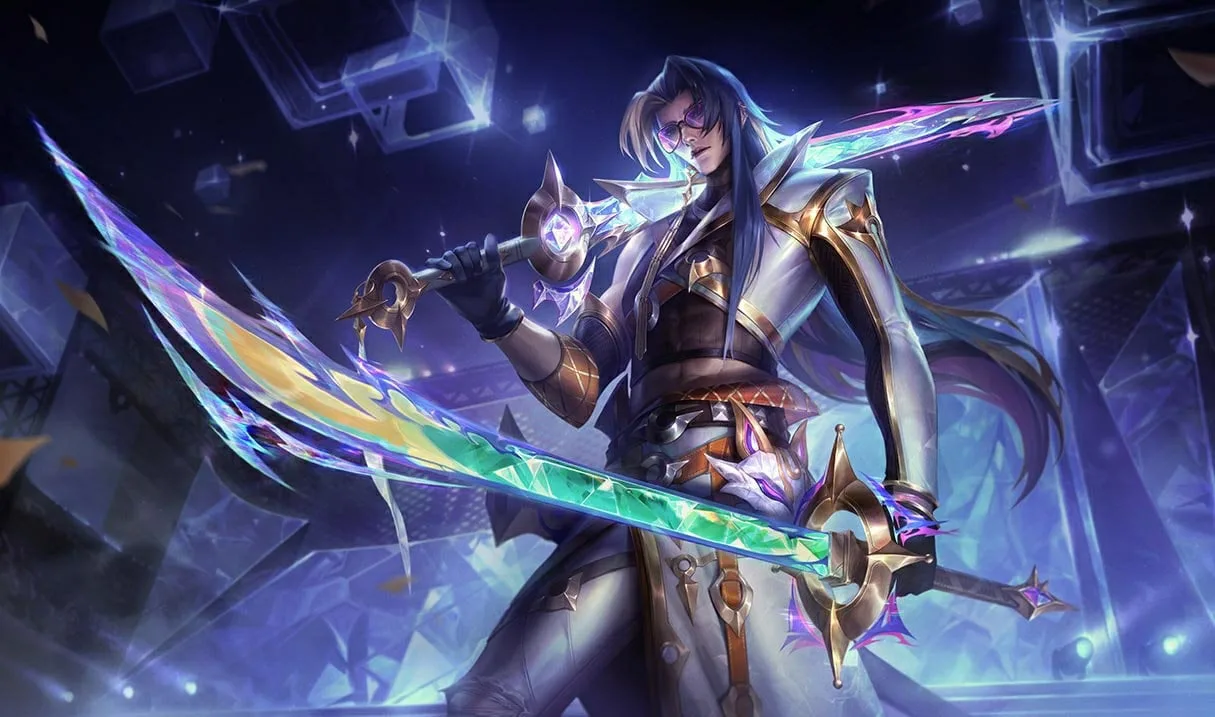 Prestige HEARTSTEEL Yone Prestige HEARTSTEEL Yone splash art showing Yone in a white gold and crystalline outfit