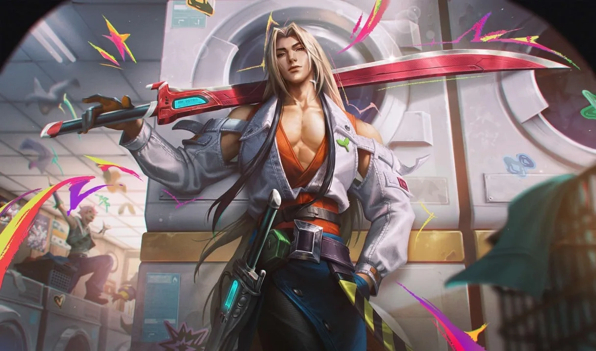 HEARTSTEEL Live My Life Yone HEARTSTEEL Live My Life Yone splash art showing long-haired Yone in a laundromat