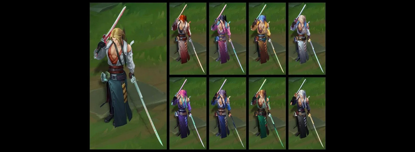 HEARTSTEEL Live My Life Yone chromas HEARTSTEEL Live My Life Yone chroma gallery showing eight sword, hair, and outfit color variations
