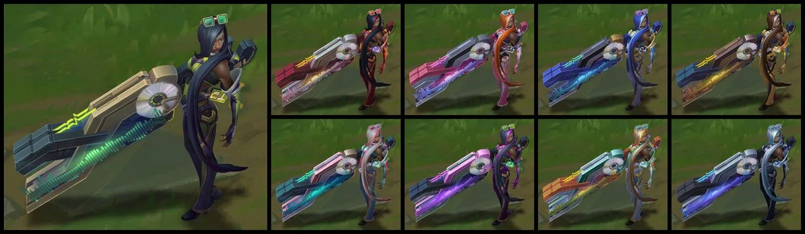 True Damage Senna chromas Eight True Damage Senna chromas showing different weapons, hair and outfit palettes