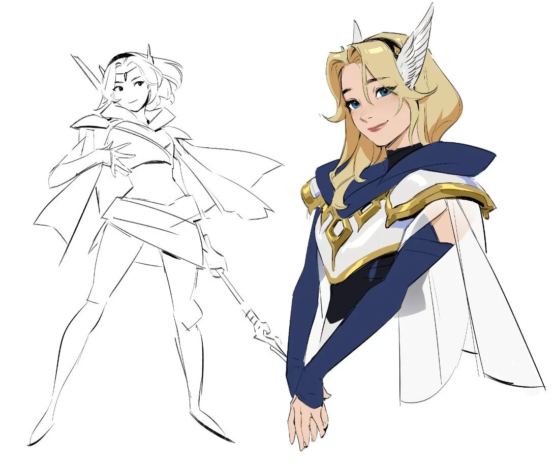 Early 2XKO Lux development concept by Knight arucelli Zhang Early 2XKO Lux development concept showing sketches of Lux and the winged headband that remained in her final design