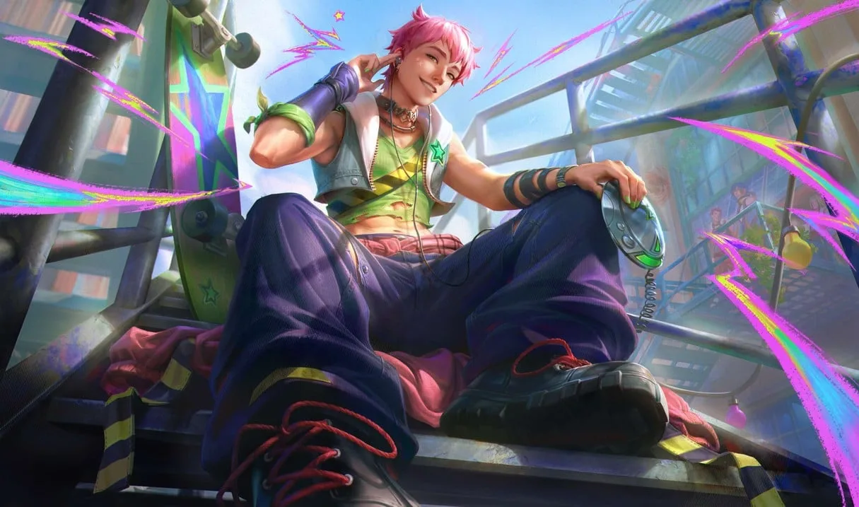 HEARTSTEEL Live My Life Ezreal HEARTSTEEL Live My Life Ezreal splash art showing pink-haired Ezreal with a skateboard