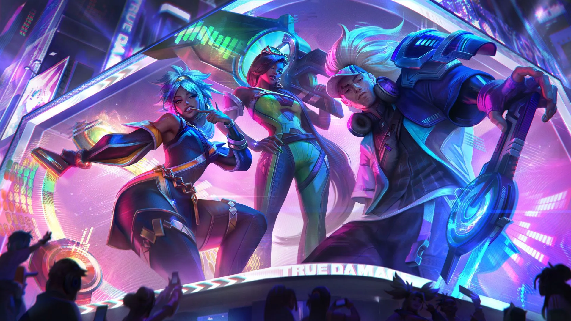 True Damage Know My Name Qiyana, Senna and Yasuo True Damage Qiyana, Senna and Yasuo posing on a brightly lit music stage with futuristic weapons.