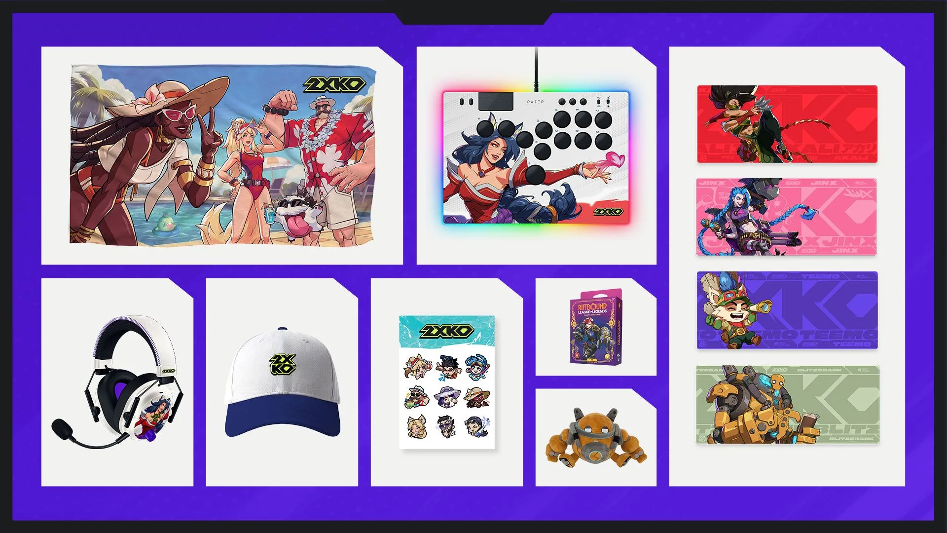 2XKO Evo 2026 swag prizes 2XKO Evo 2026 swag lineup with beach towel, cap, headset, desk mats, stickers, plush, arcade controller and Riftbound deck