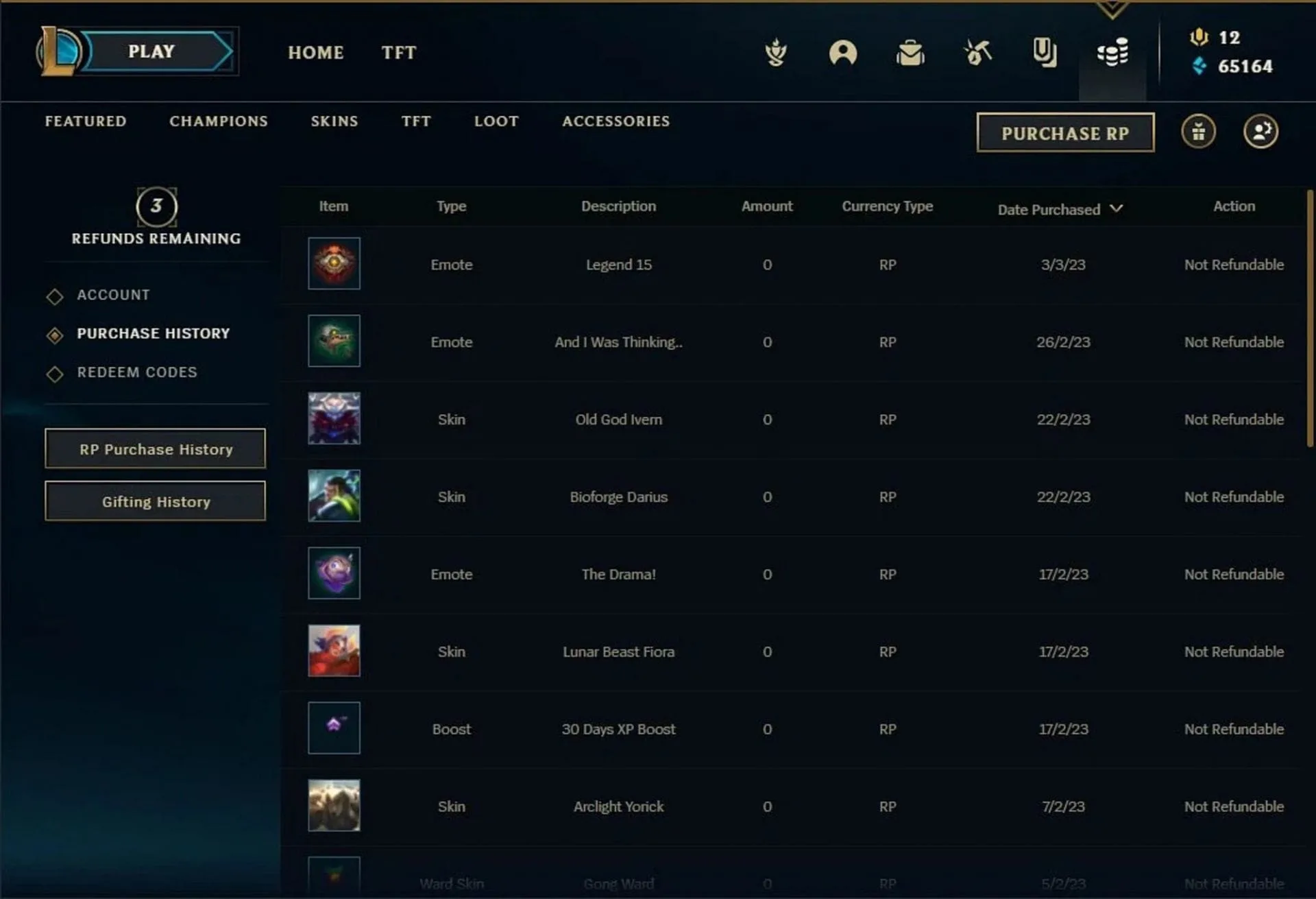 League purchase history League of Legends purchase history showing RP transactions, purchase dates, item types, and refund status