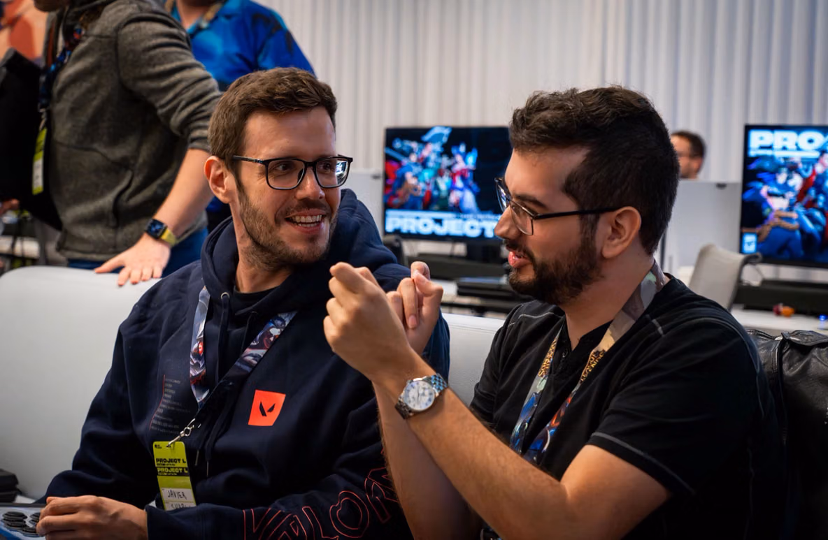 Participants playing 2XKO during a Riot pre-Evo test session